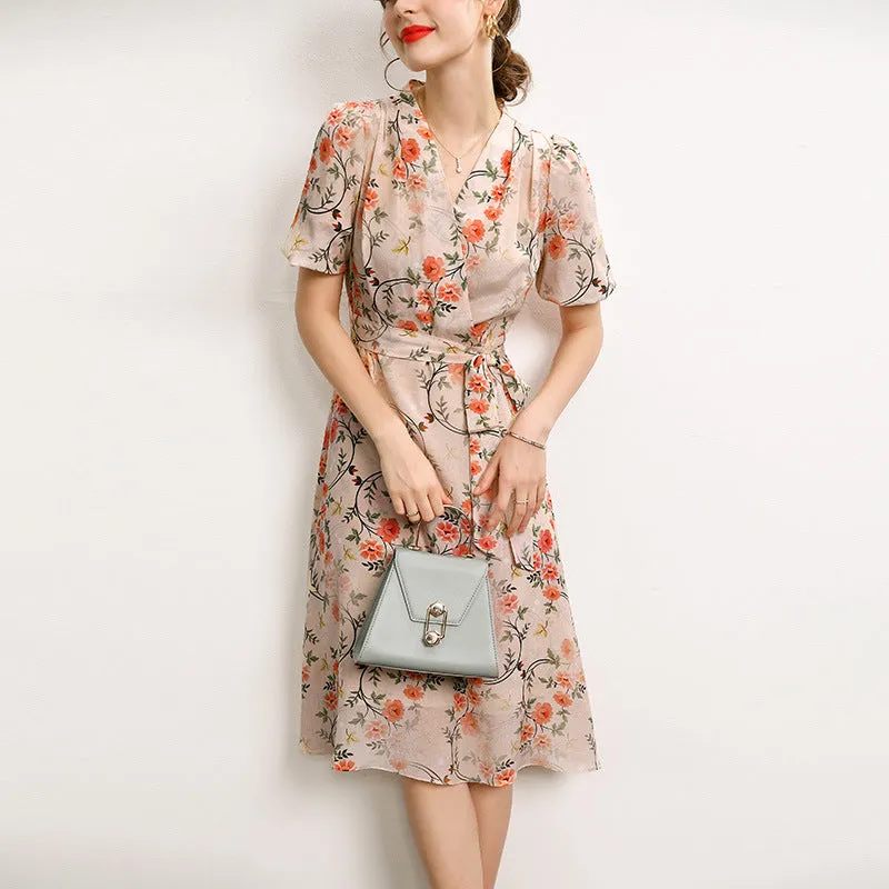 100% Mulberry Silk Midi Dress Floral, Embroidered Dress, Fashion Runway Summer Dress