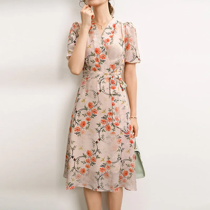 100% Mulberry Silk Midi Dress Floral, Embroidered Dress, Fashion Runway Summer Dress