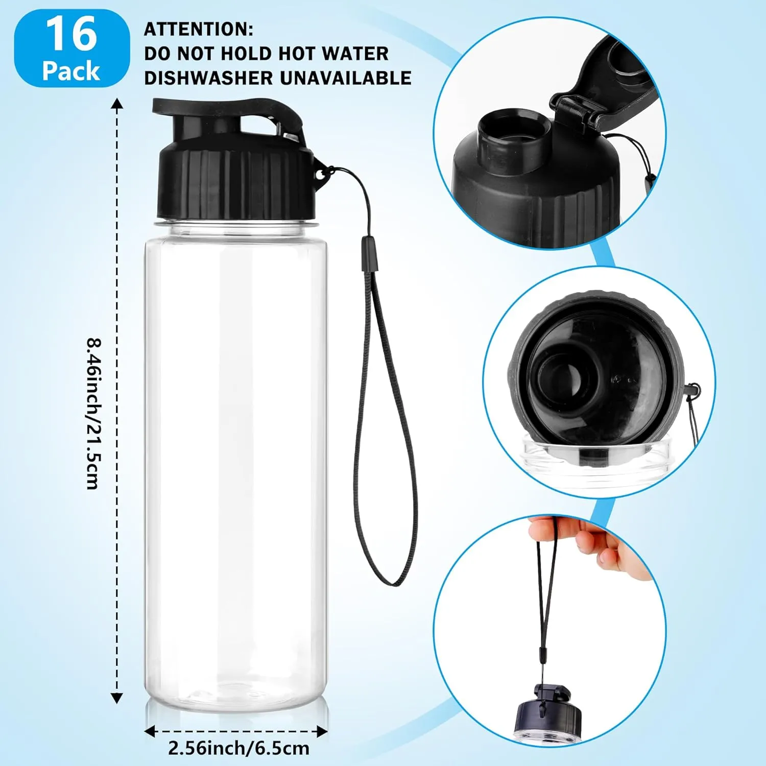 16 Pack Bulk Water Bottles-17oz Plastic Sports Water Bottles for Kids and Adults Leak Proof, Reusable for Gym Travel School Office, Black