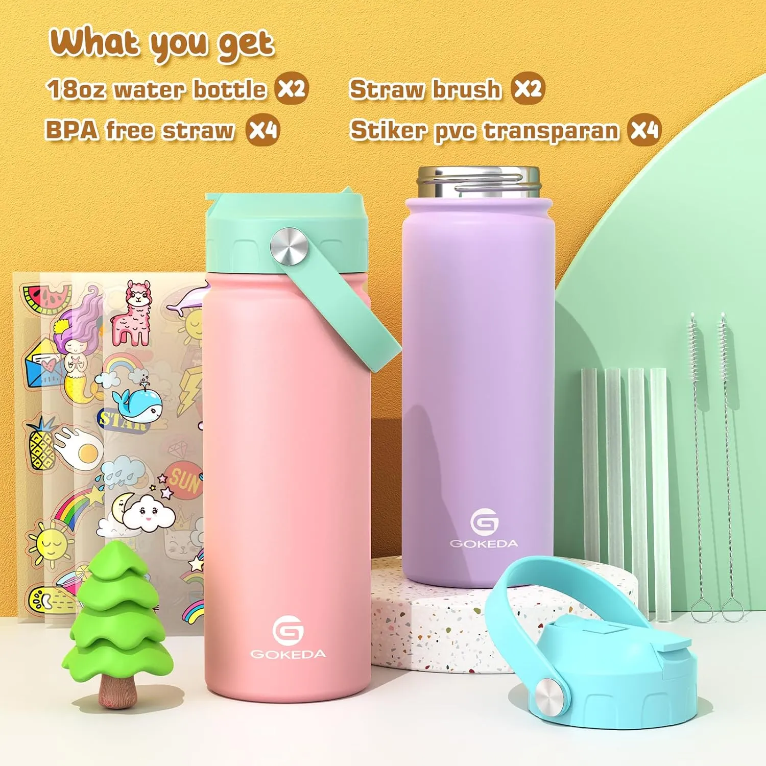 18oz Kids Water Bottle, 2 Pack Insulated Bottles with Stickers, 18/8 Stainless Steel Vacuum Leak Proof Straw Cup for School, Gifts for Girls(Pink, Purple)