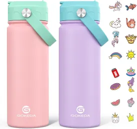 18oz Kids Water Bottle, 2 Pack Insulated Bottles with Stickers, 18/8 Stainless Steel Vacuum Leak Proof Straw Cup for School, Gifts for Girls(Pink, Purple)