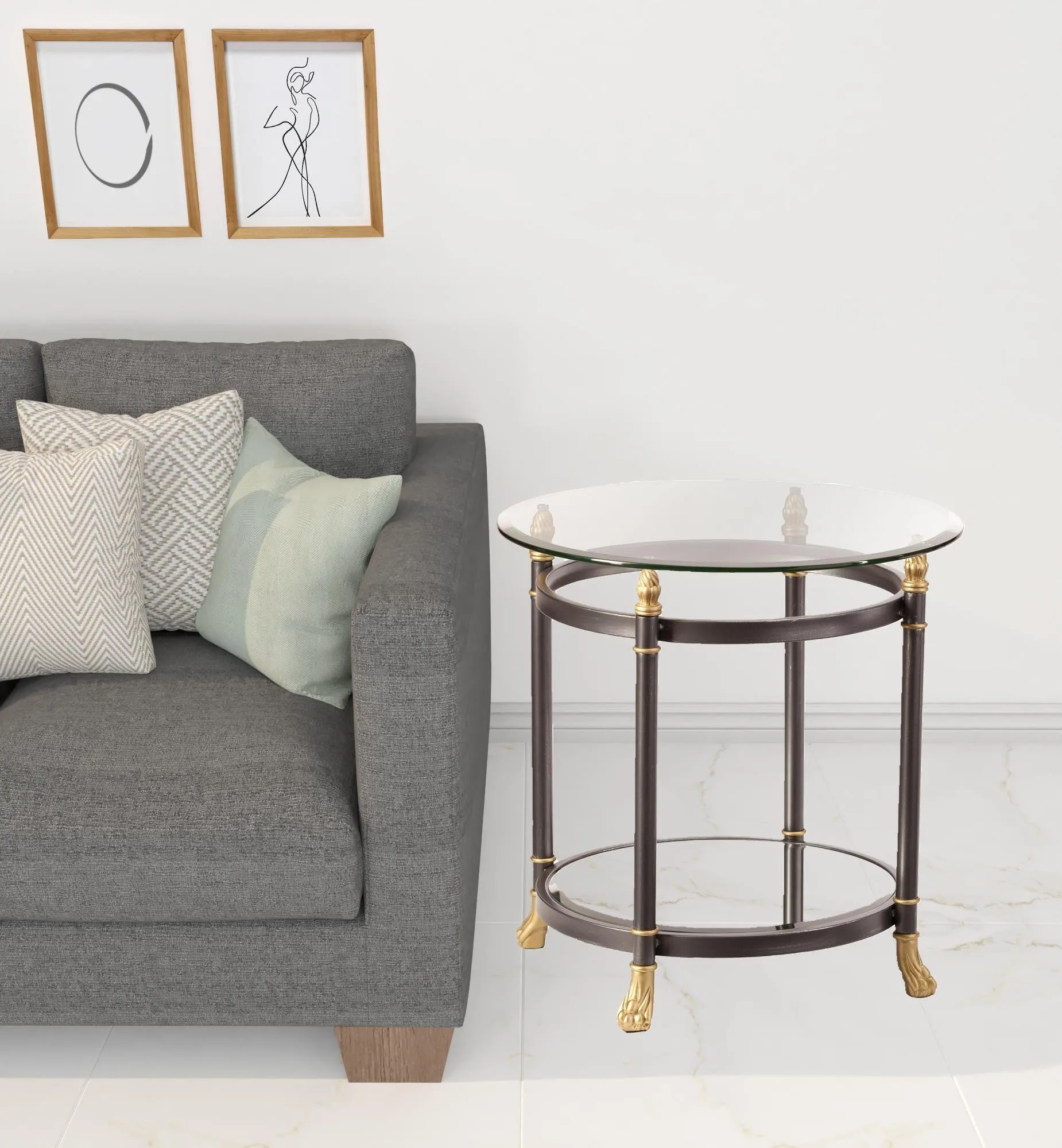 21" Gray Glass And Iron Round Mirrored End Table By Homeroots