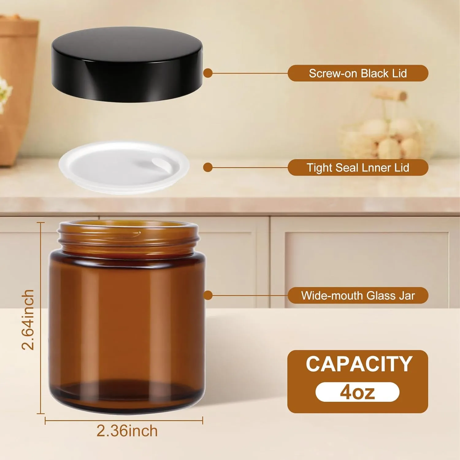 48 Pack 4oz Amber Glass Jars with Lids, Airtight Containers with Liners Lid for Cosmetics, Travel, Lotions Powder, Onitments Candle Making, DIY | Leak-Proof, Reusable (4OZ)