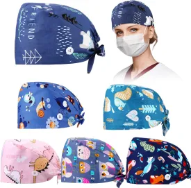 6 Pcs Women Scrub Caps Nurse Nursing Surgical Medical Caps with Buttons Adjustable Working Bouffant Hats Nurse Week CNA Gifts (Cute Animals)