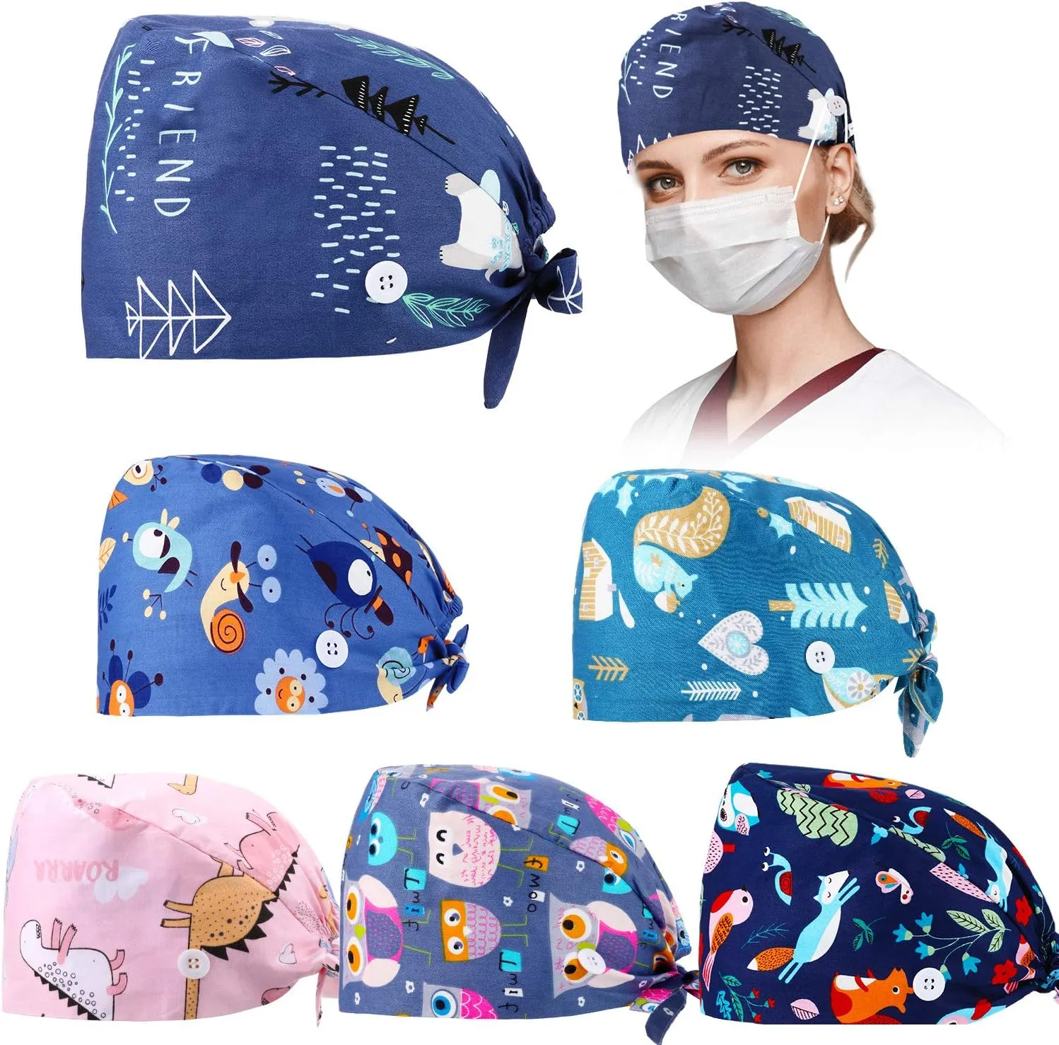 6 Pcs Women Scrub Caps Nurse Nursing Surgical Medical Caps with Buttons Adjustable Working Bouffant Hats Nurse Week CNA Gifts (Cute Animals)