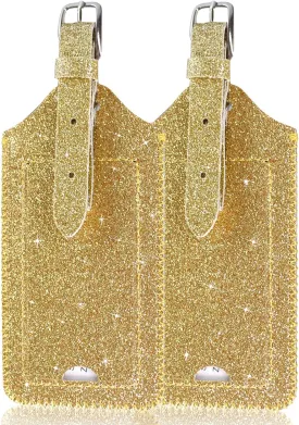 ACdream Luggage Tags 2 Pack, Leather Suitcase Tags Identifiers, Cute Cruise ID Labels with Privacy Cover fits on Backpack, Travel Bag, for Women, Men, Adults, Kids, Glitter Gold