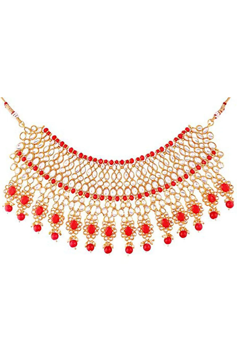 Alloy Necklace with Earrings and Maang Tikka in red