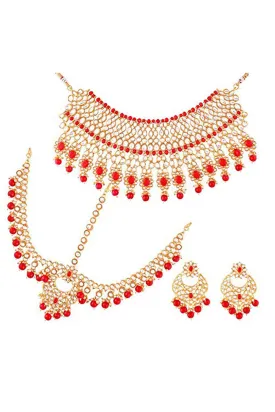 Alloy Necklace with Earrings and Maang Tikka in red
