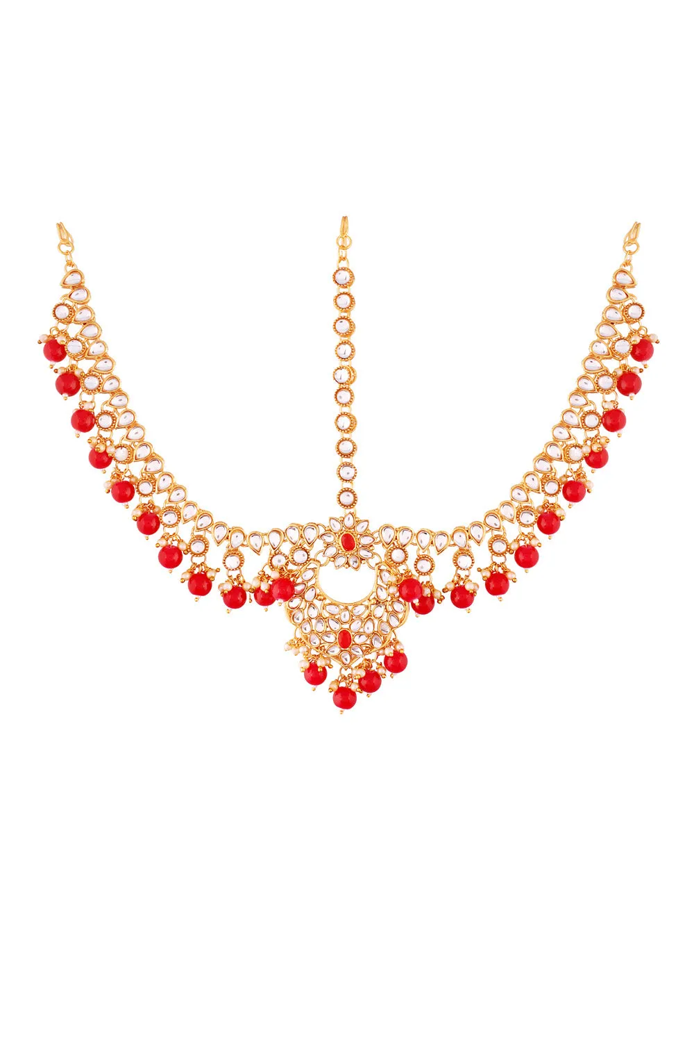 Alloy Necklace with Earrings and Maang Tikka in red