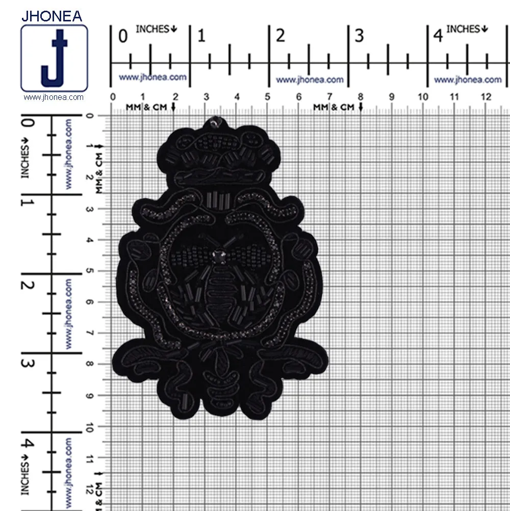 Black Diamond Beaded Honeybee Motif Embroidery Patch