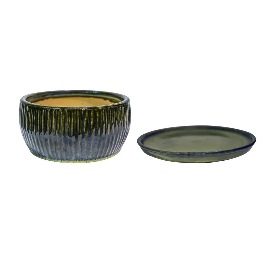 Bonsai Tree Round Planter Set of 2 - Emerald Green