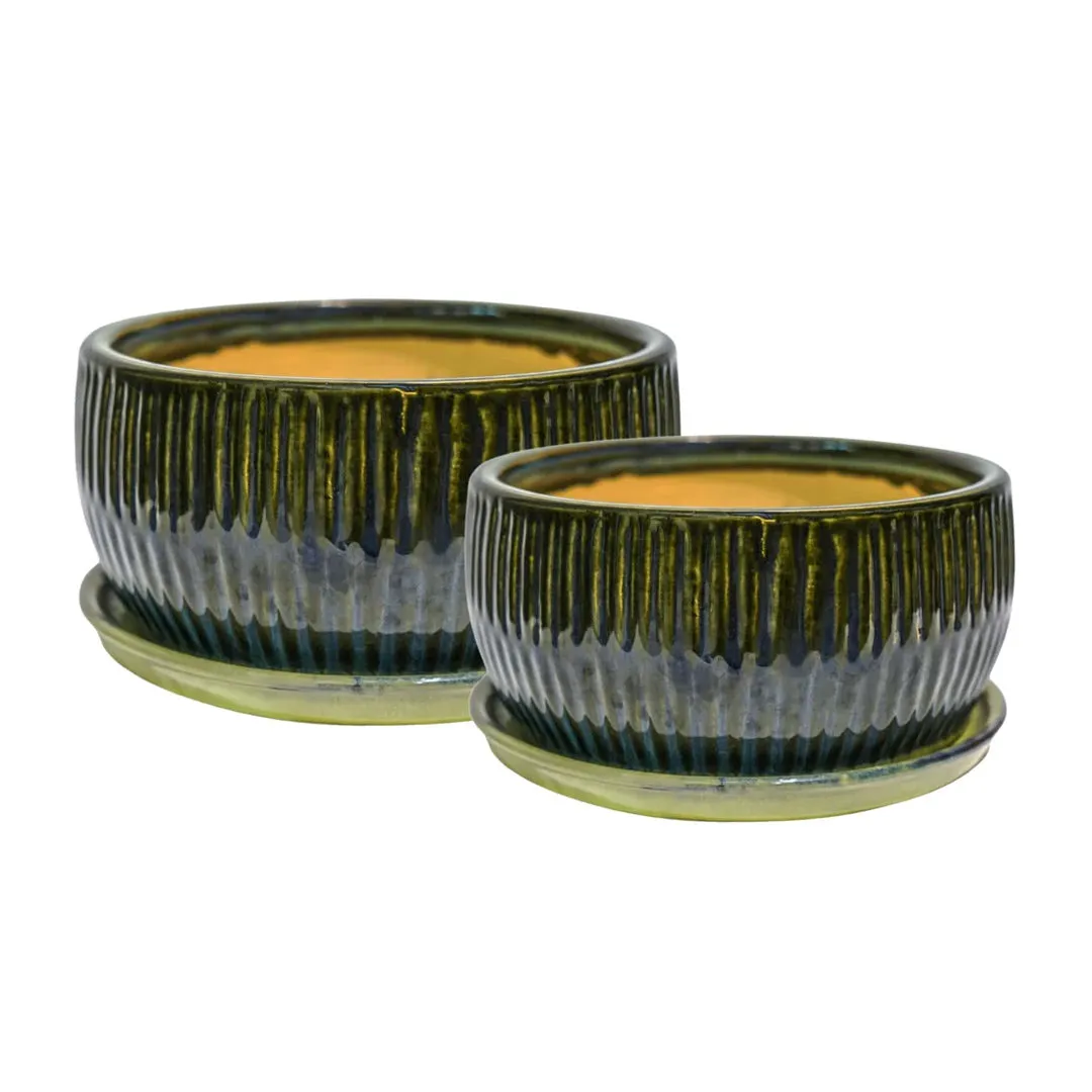 Bonsai Tree Round Planter Set of 2 - Emerald Green