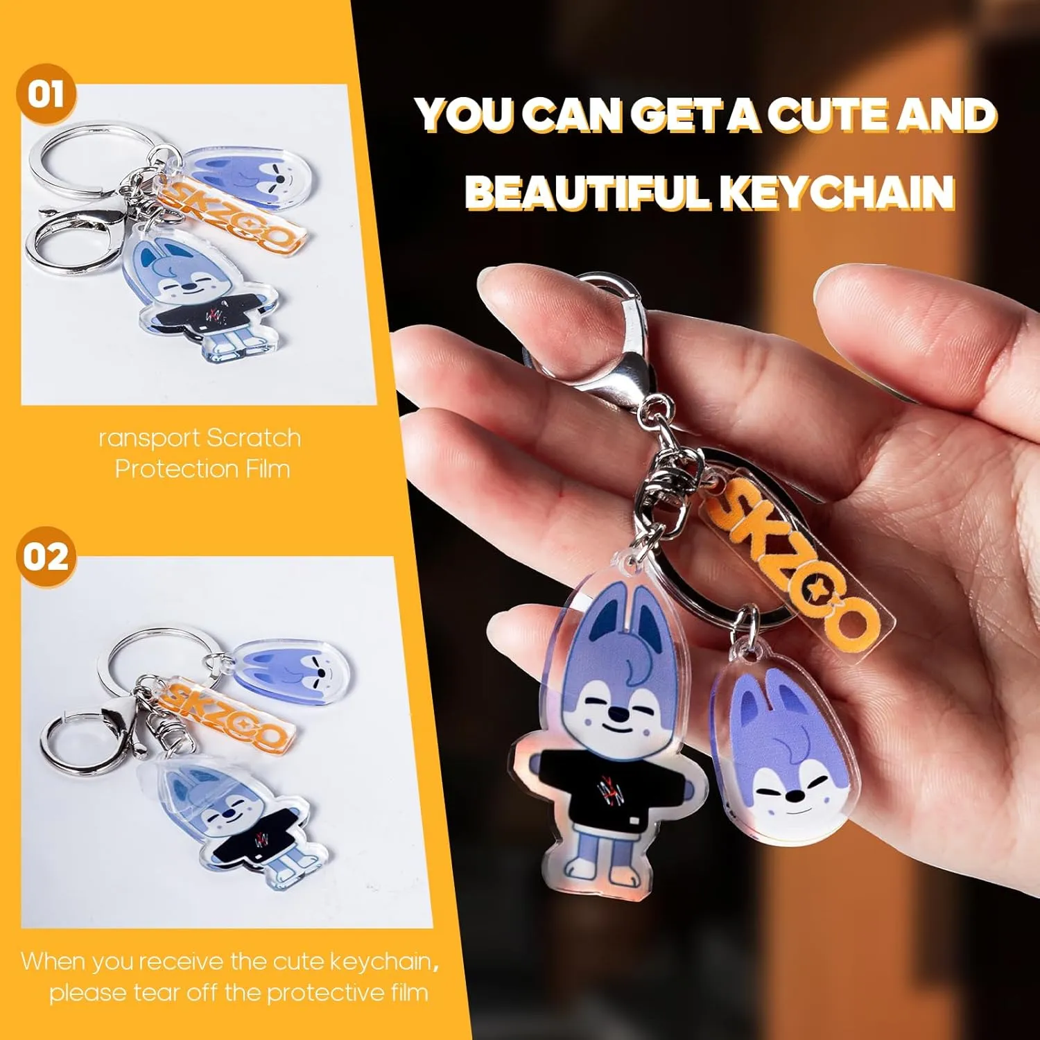 Cartoon Keychain for Kids, Stray Kids Keychain Cute Animal Pendant, Acrylic Double Sided Pattern SKZ Backpack Pendant