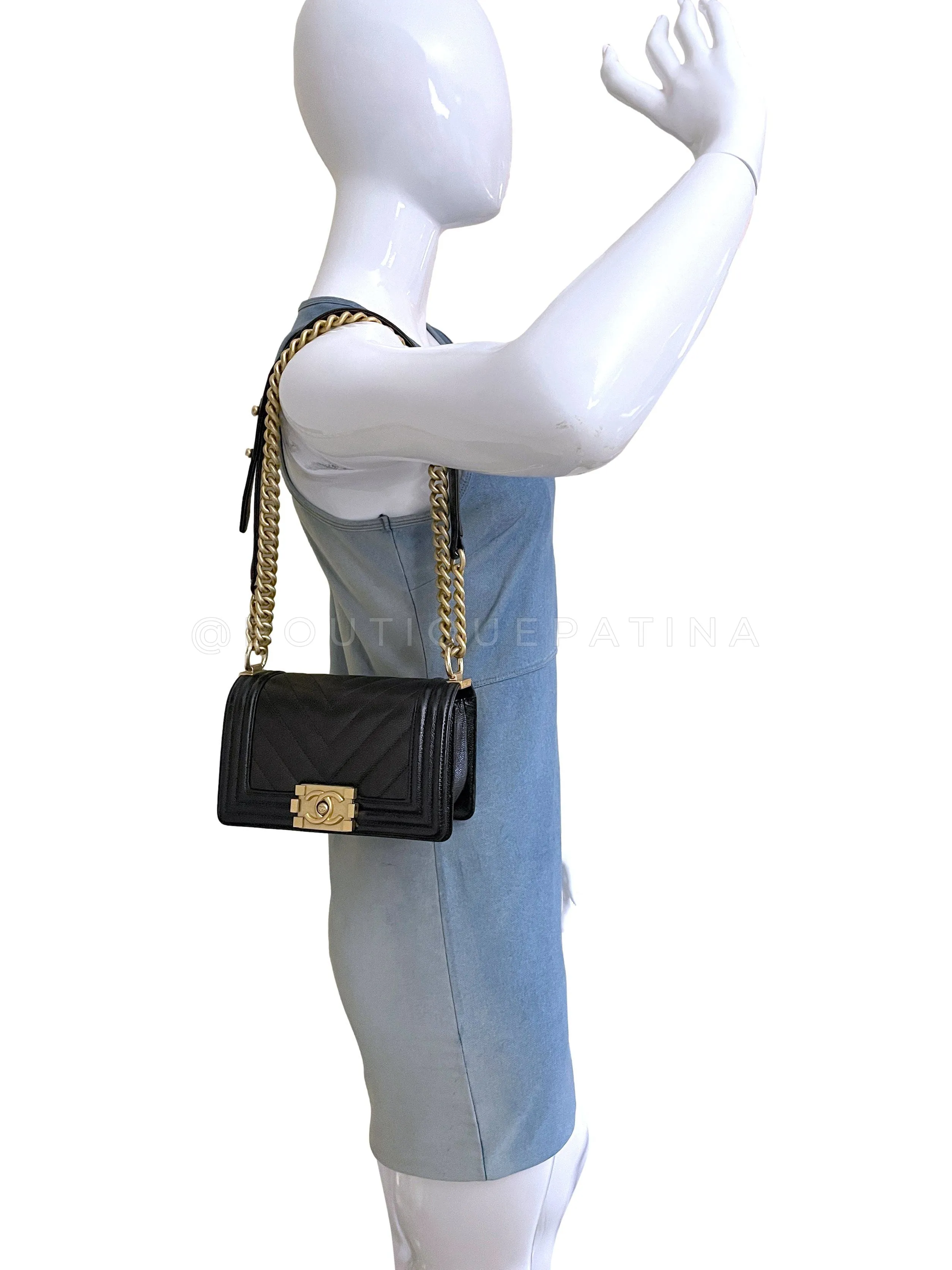 Chanel Black Caviar Chevron Small Boy Flap Bag GHW