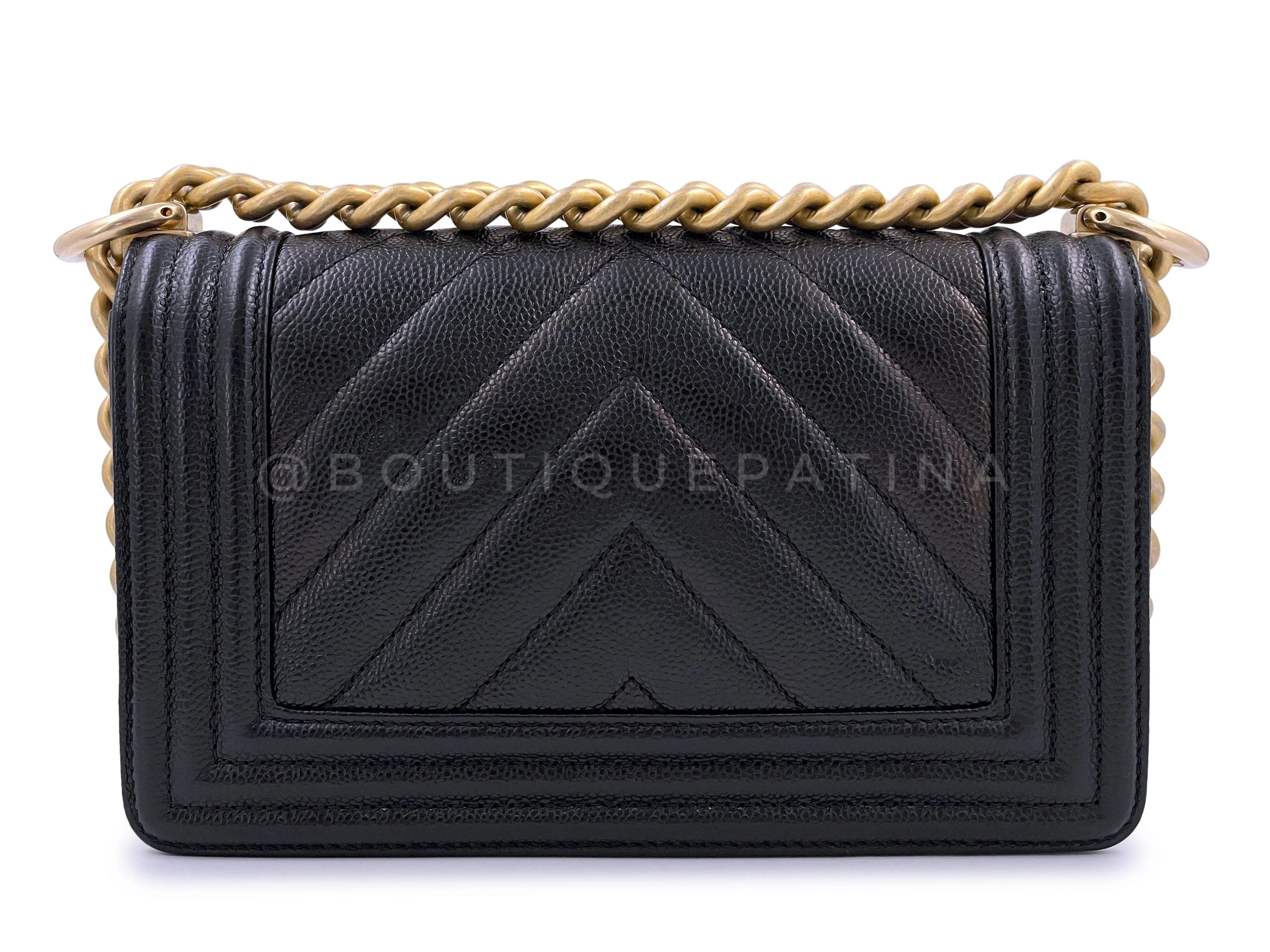 Chanel Black Caviar Chevron Small Boy Flap Bag GHW
