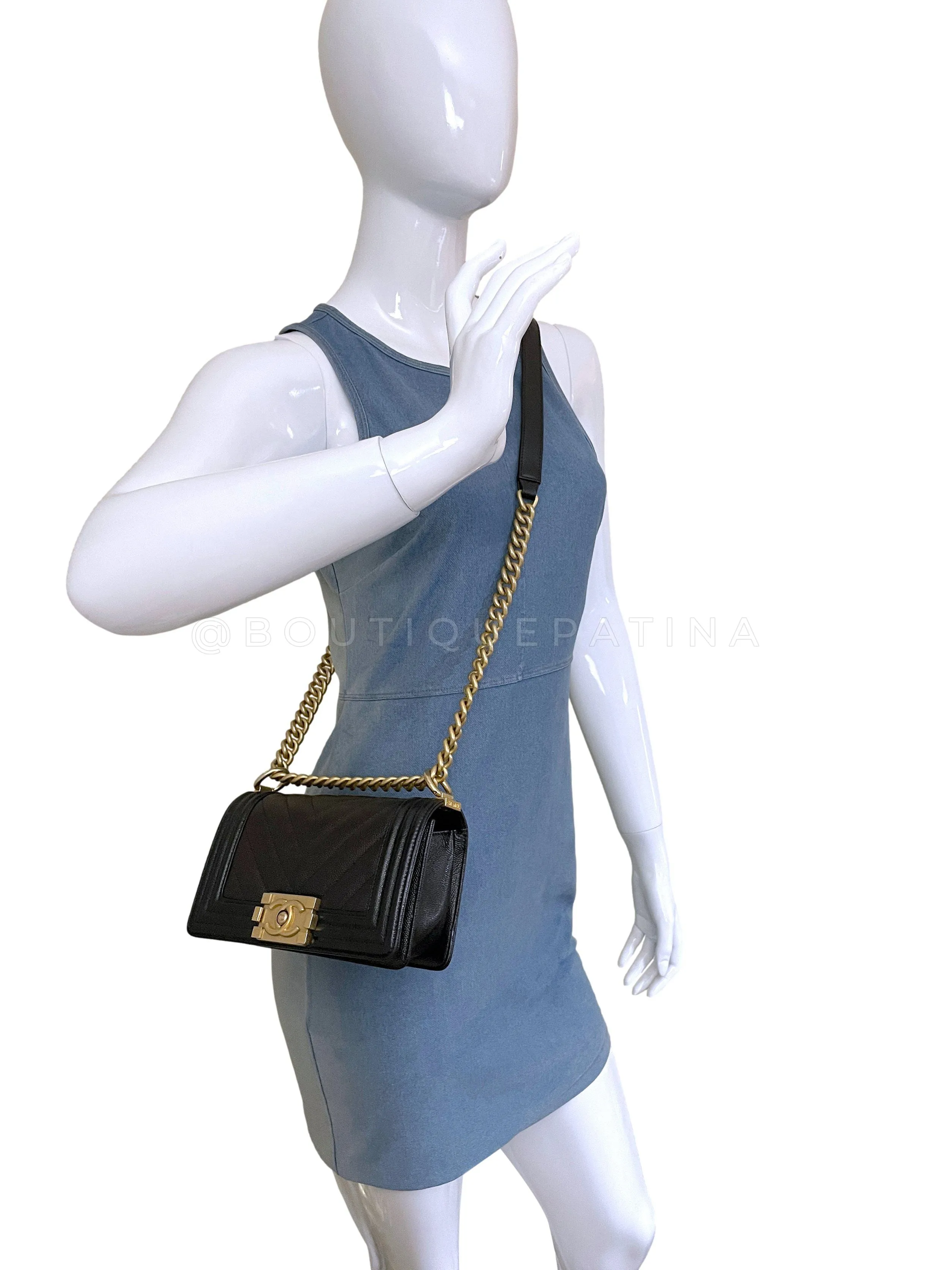 Chanel Black Caviar Chevron Small Boy Flap Bag GHW