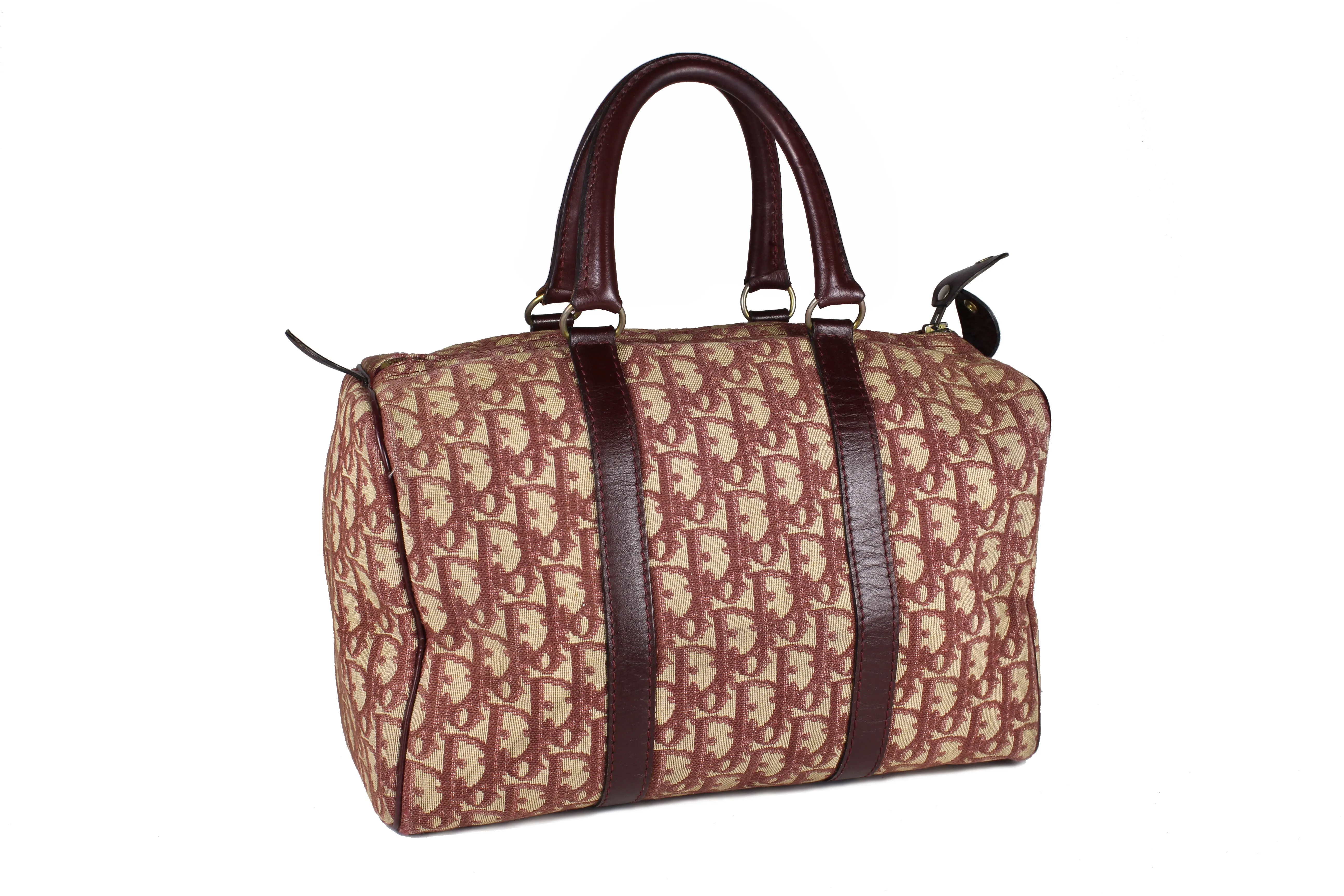 CHRISTIAN DIOR burgundy canvas logo Boston bag
