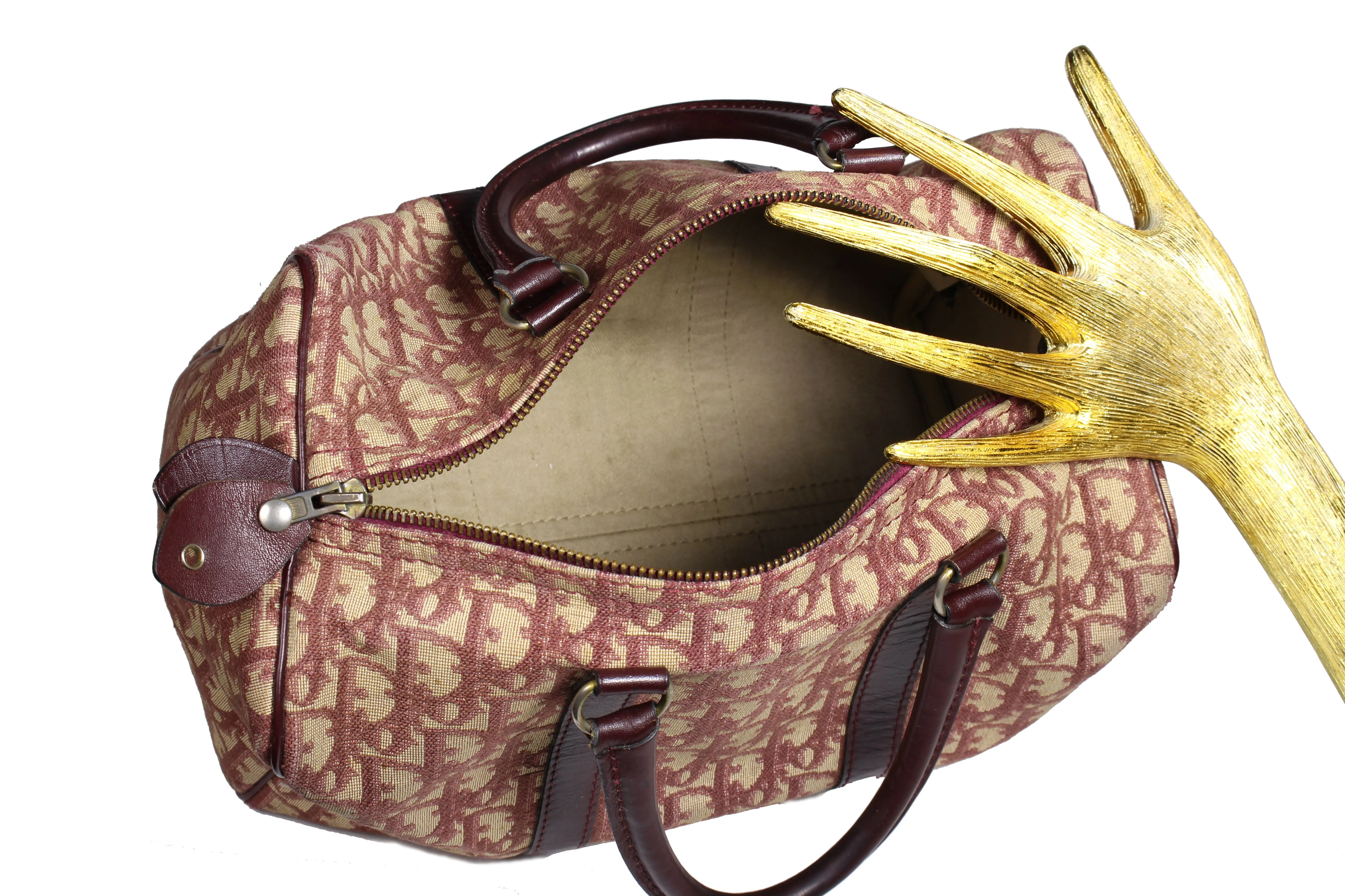 CHRISTIAN DIOR burgundy canvas logo Boston bag