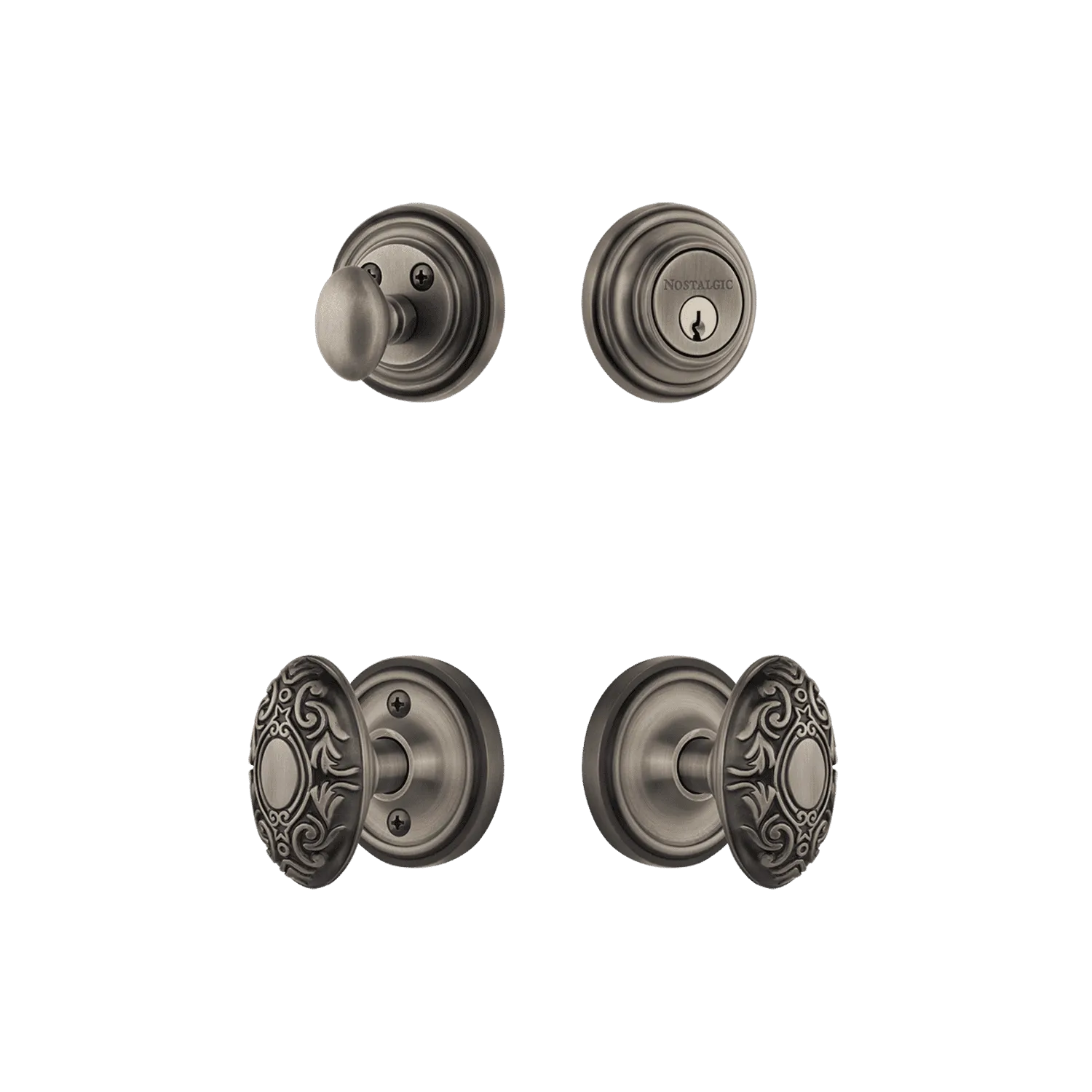 Classic Rosette Entry Set with Victorian Knob in Antique Pewter