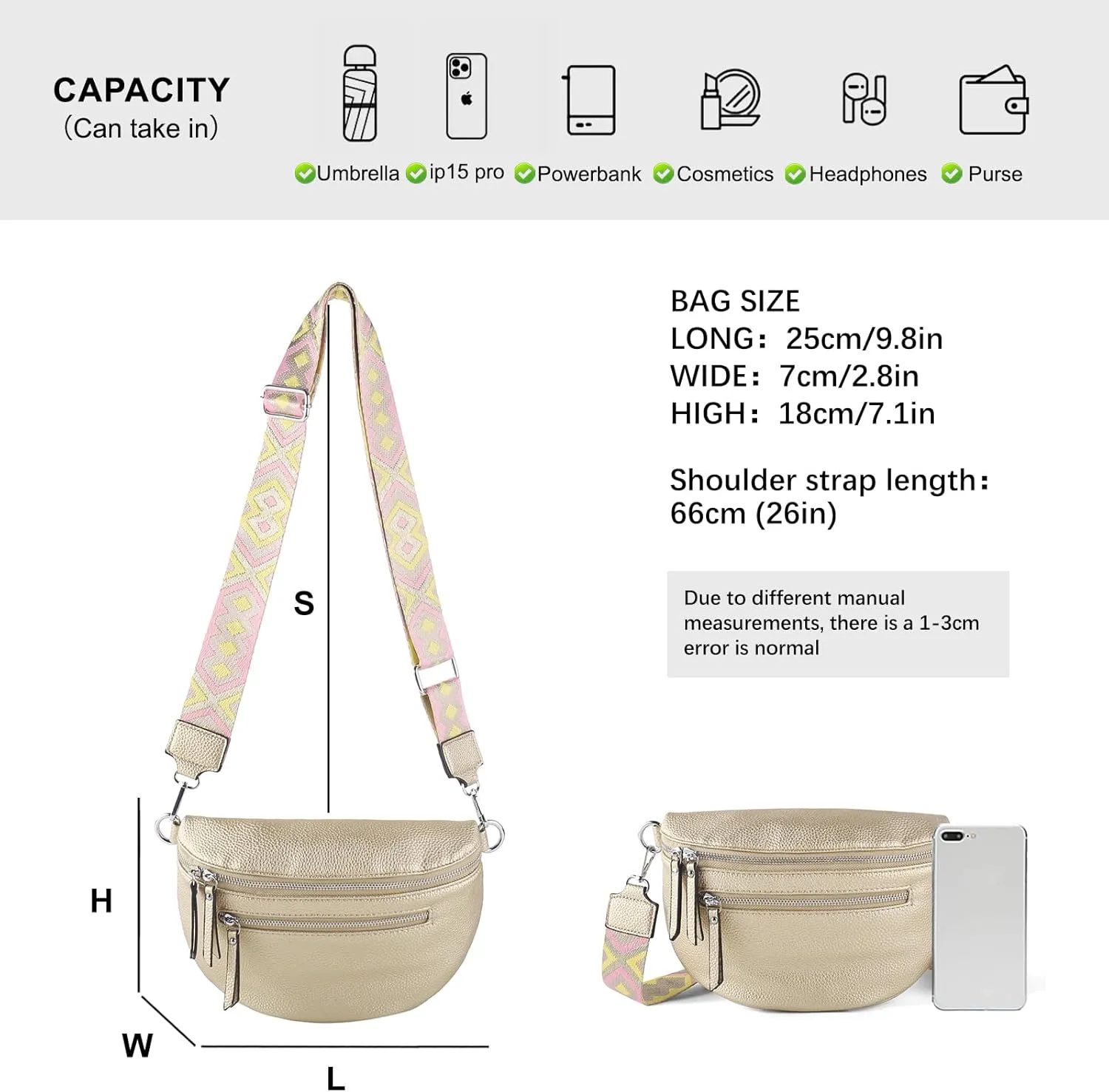 Crossbody Fanny Packs for Women Sling Bags with Coin Purse Bumbag Vegan Leather Belt Bag Chest Purse for Travel (Gold)