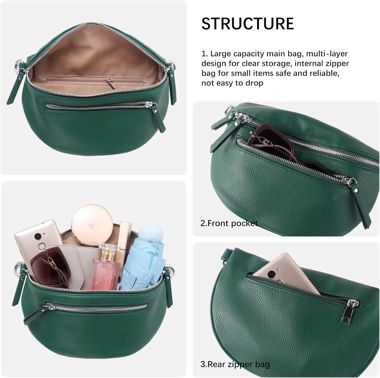 Crossbody Fanny Packs for Women Sling Bags with Coin Purse Bumbag Vegan Leather Belt Bag Chest Purse for Travel (Green)