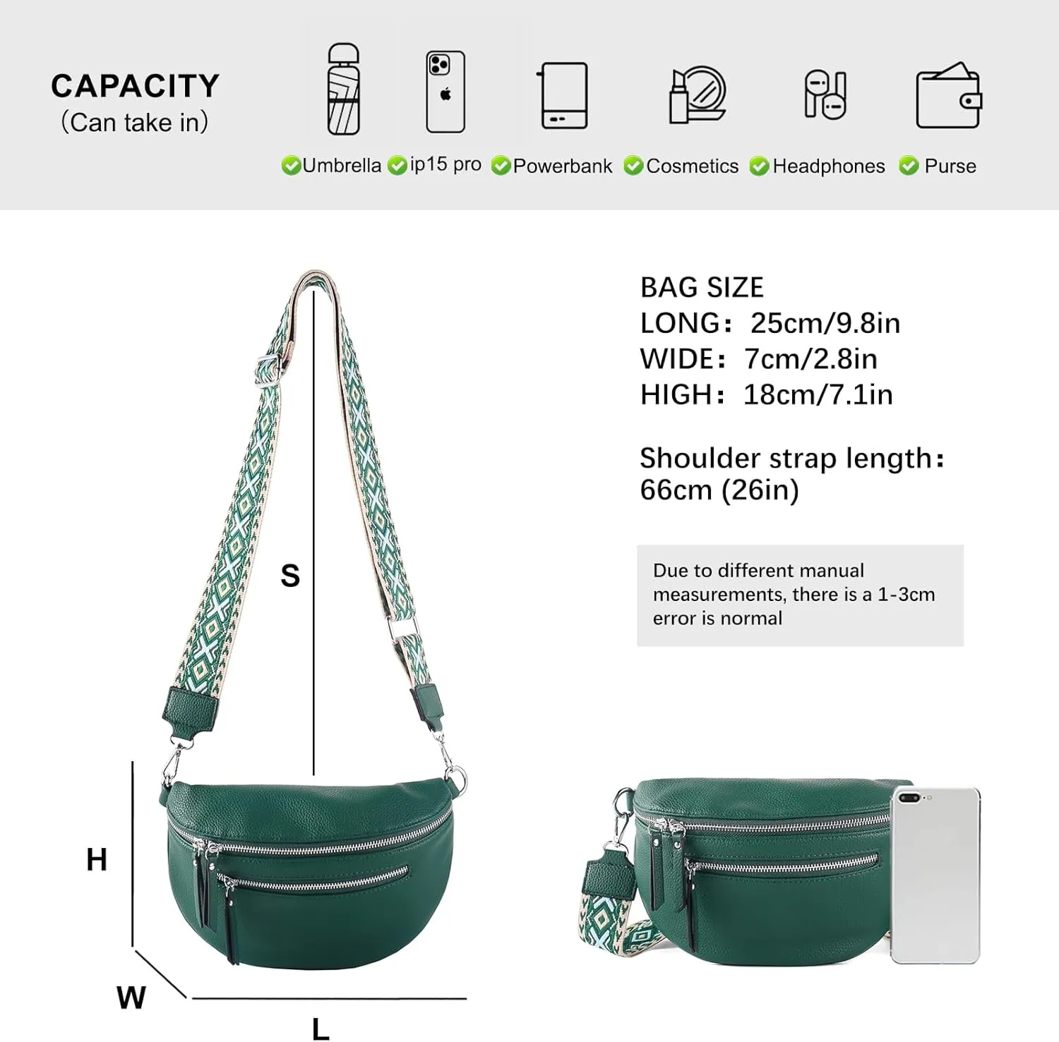 Crossbody Fanny Packs for Women Sling Bags with Coin Purse Bumbag Vegan Leather Belt Bag Chest Purse for Travel (Green)
