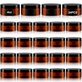 Dandat 24 Pcs 4 oz Plastic Jars with Lid and Label PET Cosmetic Containers Leak Proof Empty Cosmetic Jars Refillable Storage Travel Containers for Lotion Cream Gel Powder(Brown with Black Lids)