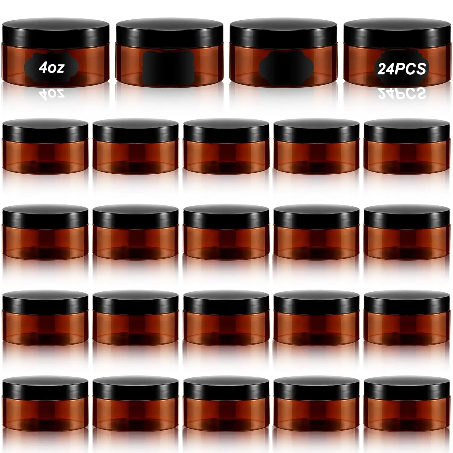 Dandat 24 Pcs 4 oz Plastic Jars with Lid and Label PET Cosmetic Containers Leak Proof Empty Cosmetic Jars Refillable Storage Travel Containers for Lotion Cream Gel Powder(Brown with Black Lids)