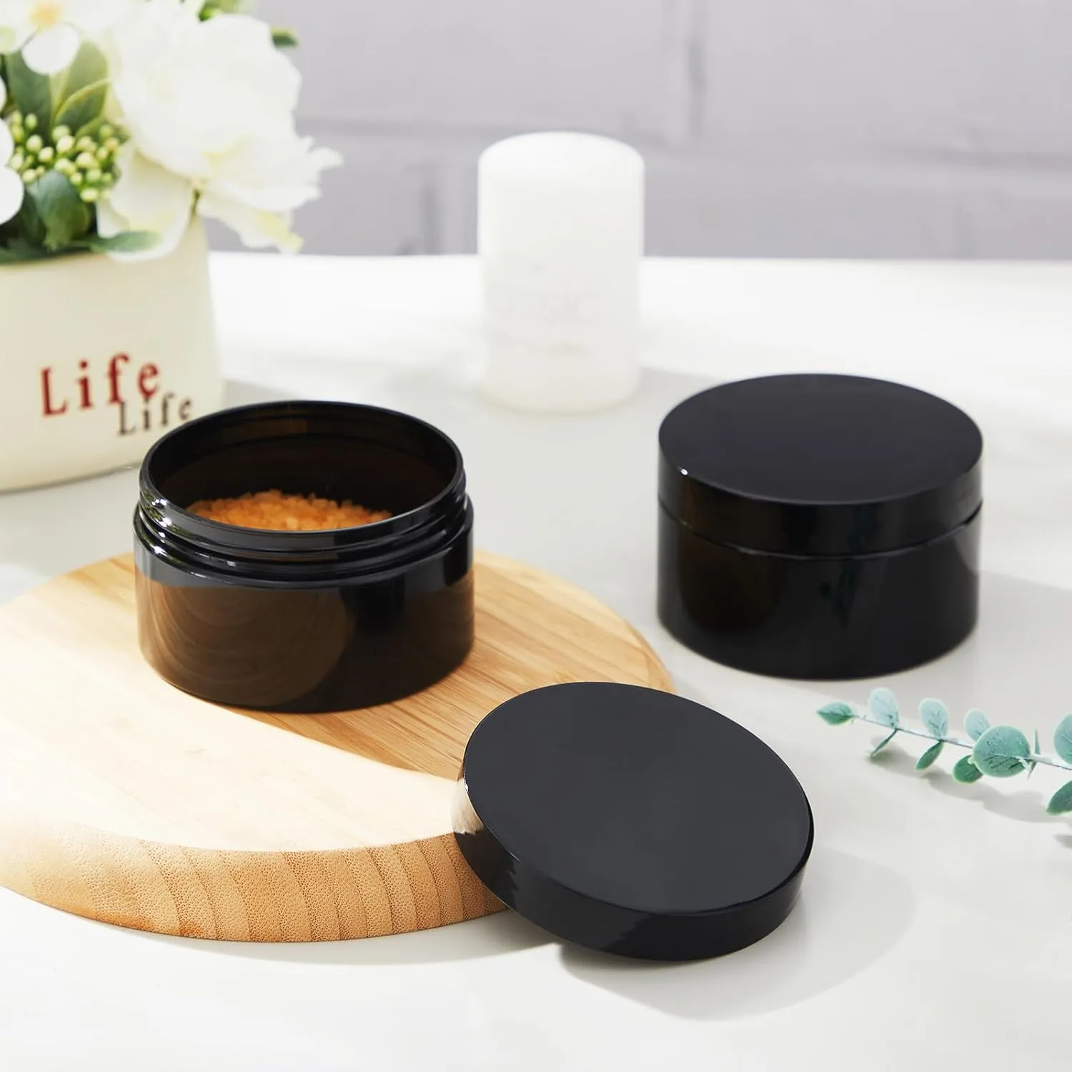 Dandat 24 Pcs 8 oz Plastic Jars with Lid and Label PET Cosmetic Containers Leak Proof Empty Cosmetic Jars Refillable Storage Travel Containers for Lotion Cream Gel Powder(Black)