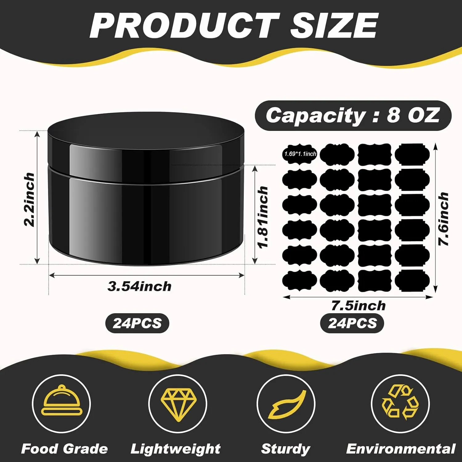 Dandat 24 Pcs 8 oz Plastic Jars with Lid and Label PET Cosmetic Containers Leak Proof Empty Cosmetic Jars Refillable Storage Travel Containers for Lotion Cream Gel Powder(Black)