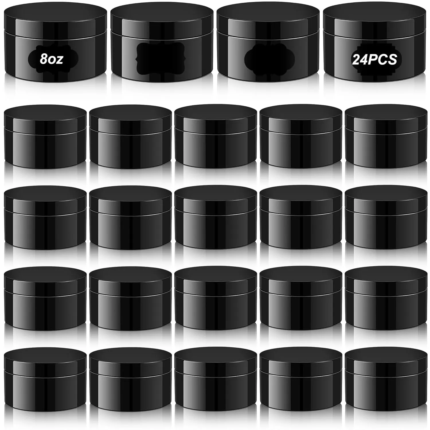 Dandat 24 Pcs 8 oz Plastic Jars with Lid and Label PET Cosmetic Containers Leak Proof Empty Cosmetic Jars Refillable Storage Travel Containers for Lotion Cream Gel Powder(Black)