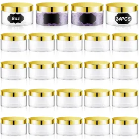 Dandat 24 Pcs 8 oz Plastic Jars with Lid and Label PET Cosmetic Containers Leak Proof Empty Cosmetic Jars Refillable Storage Travel Containers for Lotion Cream Gel Powder(Clear with Gold Lid)