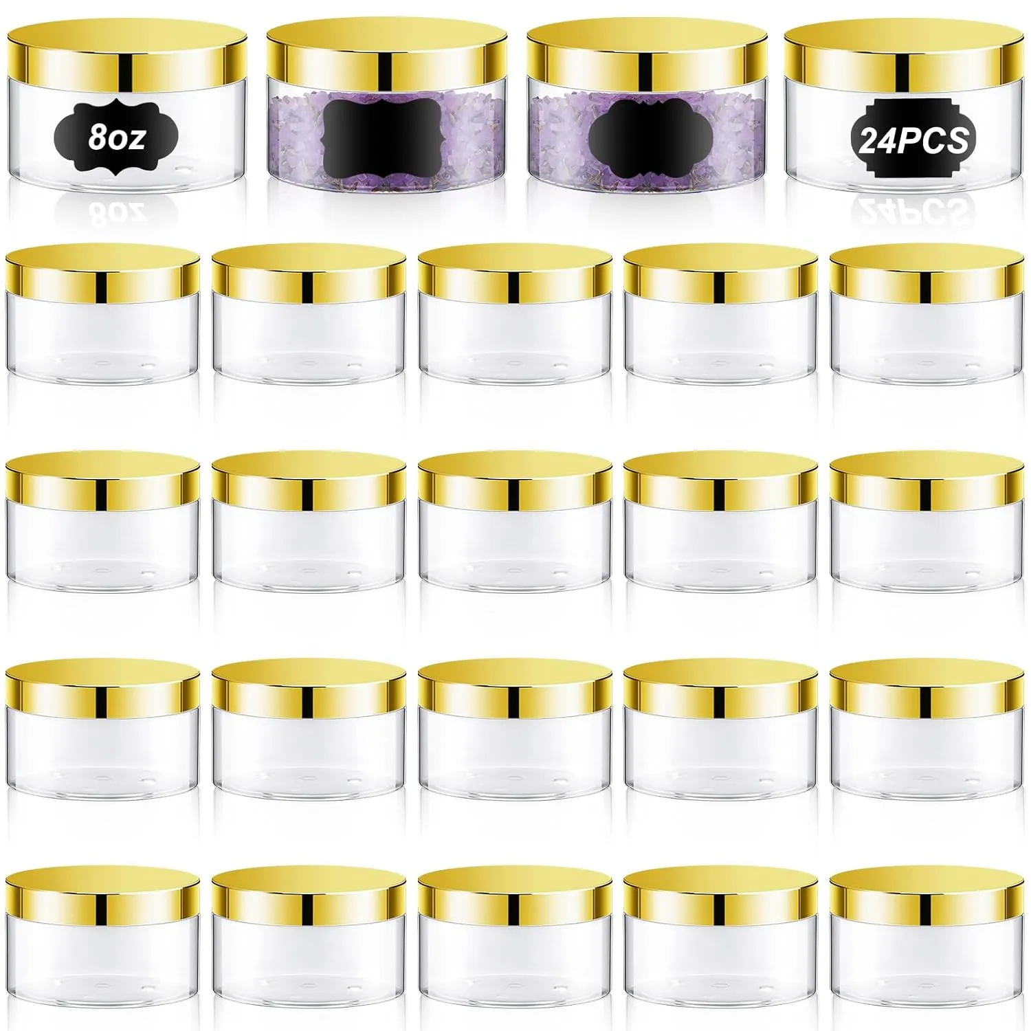 Dandat 24 Pcs 8 oz Plastic Jars with Lid and Label PET Cosmetic Containers Leak Proof Empty Cosmetic Jars Refillable Storage Travel Containers for Lotion Cream Gel Powder(Clear with Gold Lid)