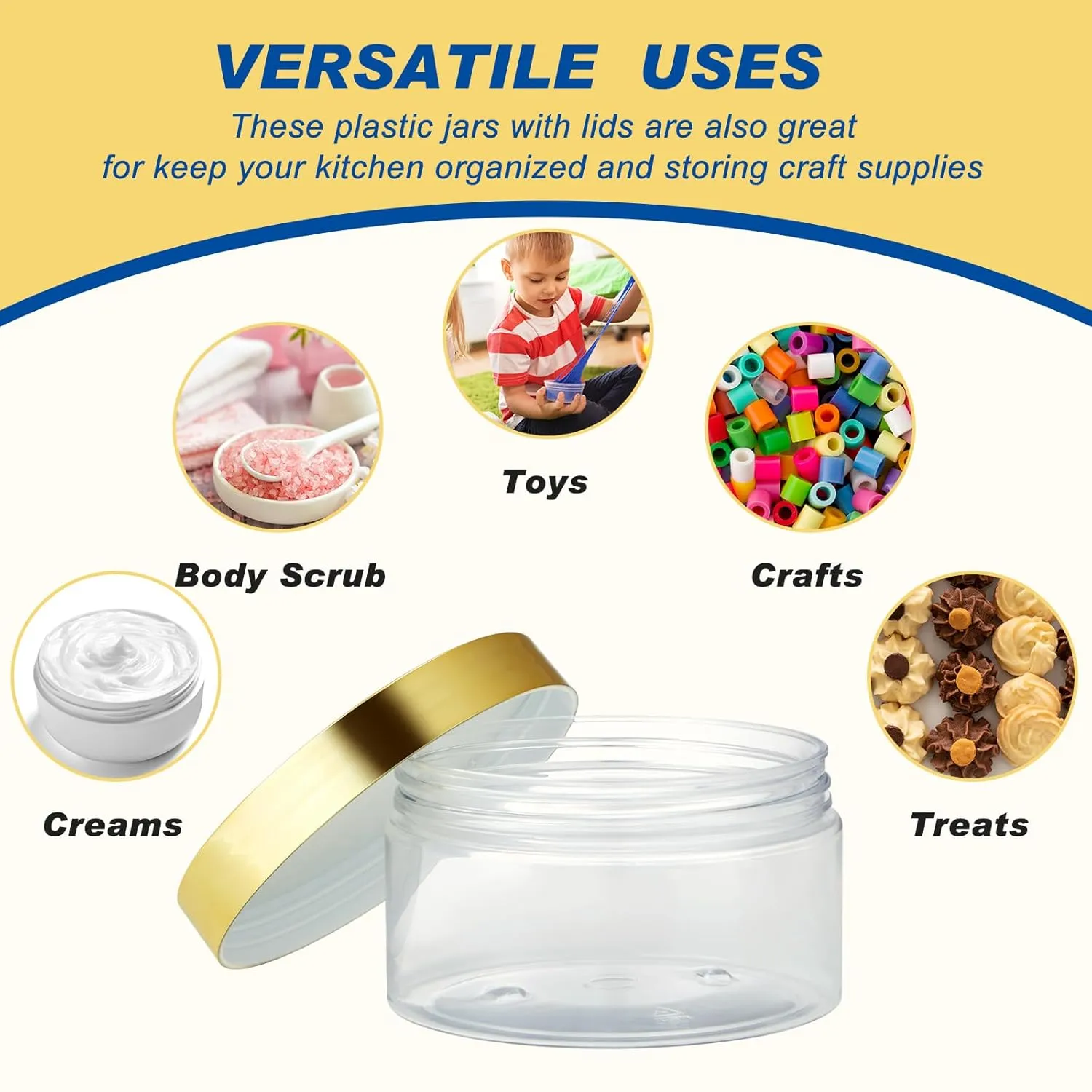 Dandat 24 Pcs 8 oz Plastic Jars with Lid and Label PET Cosmetic Containers Leak Proof Empty Cosmetic Jars Refillable Storage Travel Containers for Lotion Cream Gel Powder(Clear with Gold Lid)