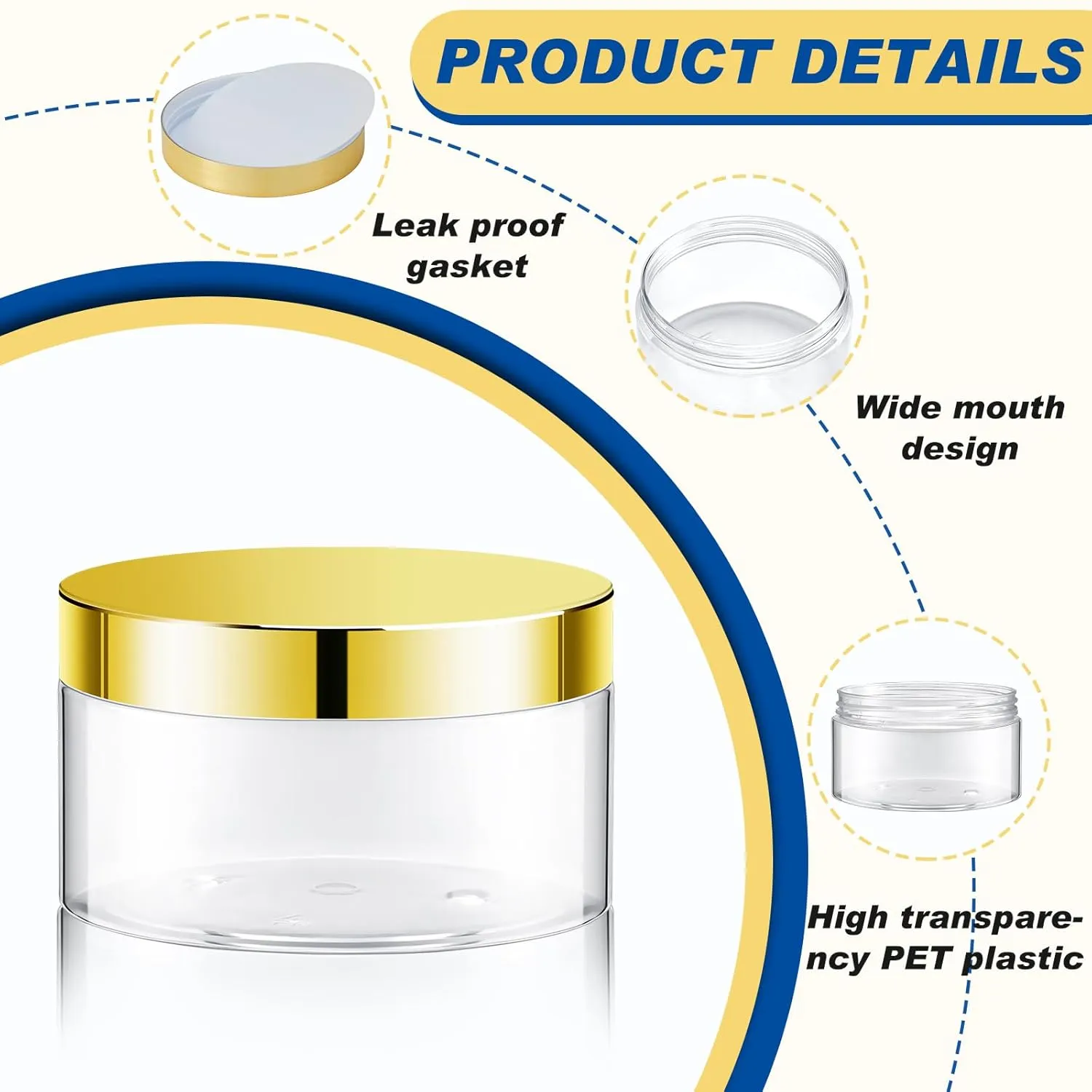 Dandat 24 Pcs 8 oz Plastic Jars with Lid and Label PET Cosmetic Containers Leak Proof Empty Cosmetic Jars Refillable Storage Travel Containers for Lotion Cream Gel Powder(Clear with Gold Lid)