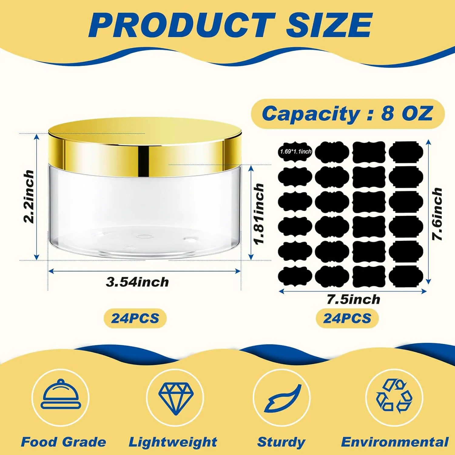 Dandat 24 Pcs 8 oz Plastic Jars with Lid and Label PET Cosmetic Containers Leak Proof Empty Cosmetic Jars Refillable Storage Travel Containers for Lotion Cream Gel Powder(Clear with Gold Lid)