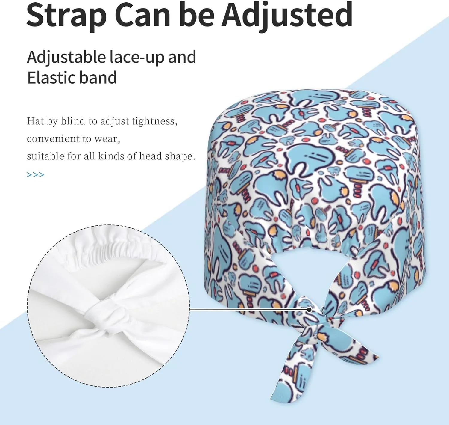 Dental Tooth Care Scrub Caps Adjustable Working Cap with Sweatband Elastic Tie Back Hats for Women Men