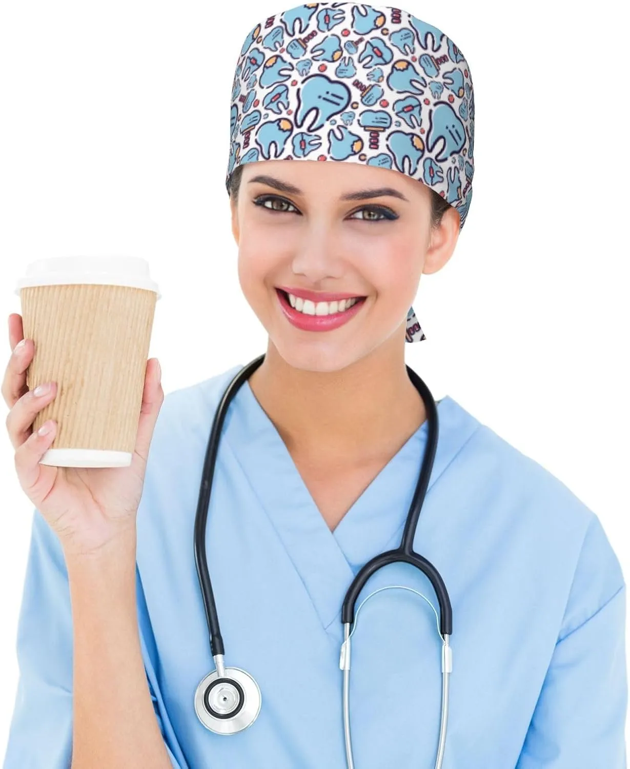 Dental Tooth Care Scrub Caps Adjustable Working Cap with Sweatband Elastic Tie Back Hats for Women Men