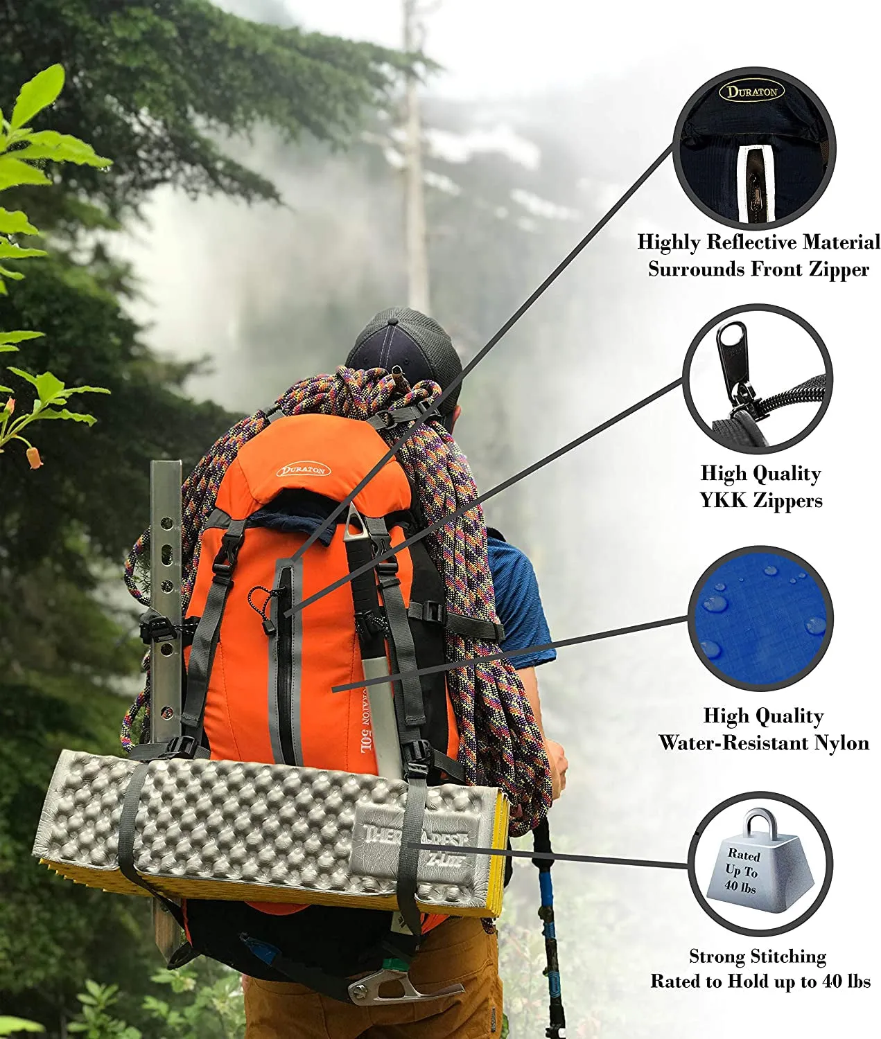DURATON Hiking Backpack 50L, Water Resistant Light-Weight Day Pack for Backpacking Camping and Travel
