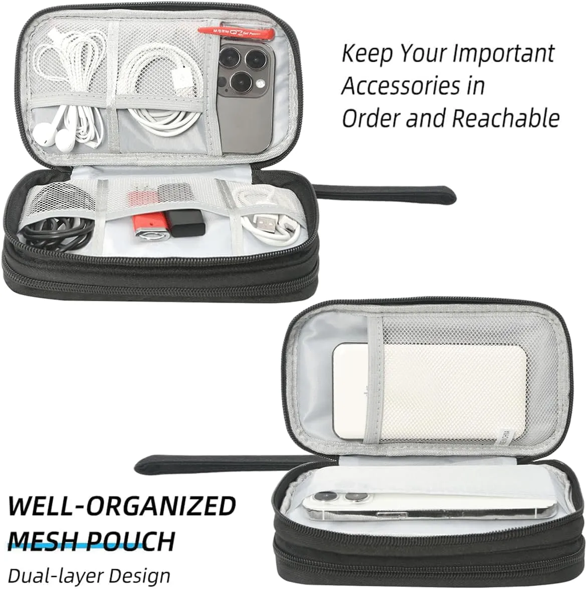 Electronics Organizer Travel Case, Charger Organizer Case Pouch, Electronic Accessories Carry Case for Travel Accessories, Cable, Cord, Charger, Phone, Power Bank, Earphone (Black, Large)