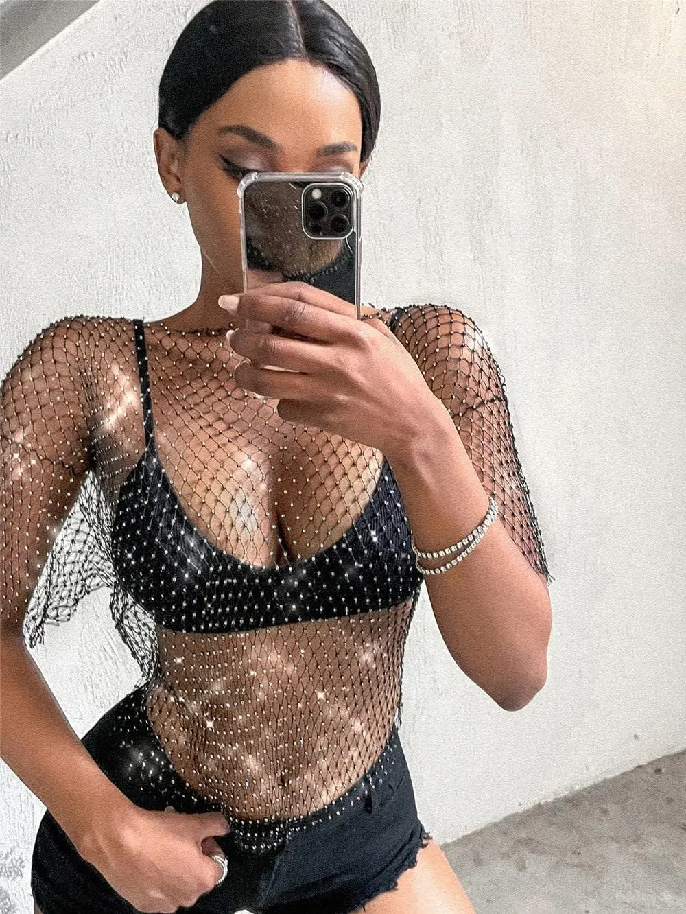 Formery Mesh Rhinestone Cover Ups Black Crewneck See Through Coverup Top Music Festival Party Cover Ups Body Chain for Women