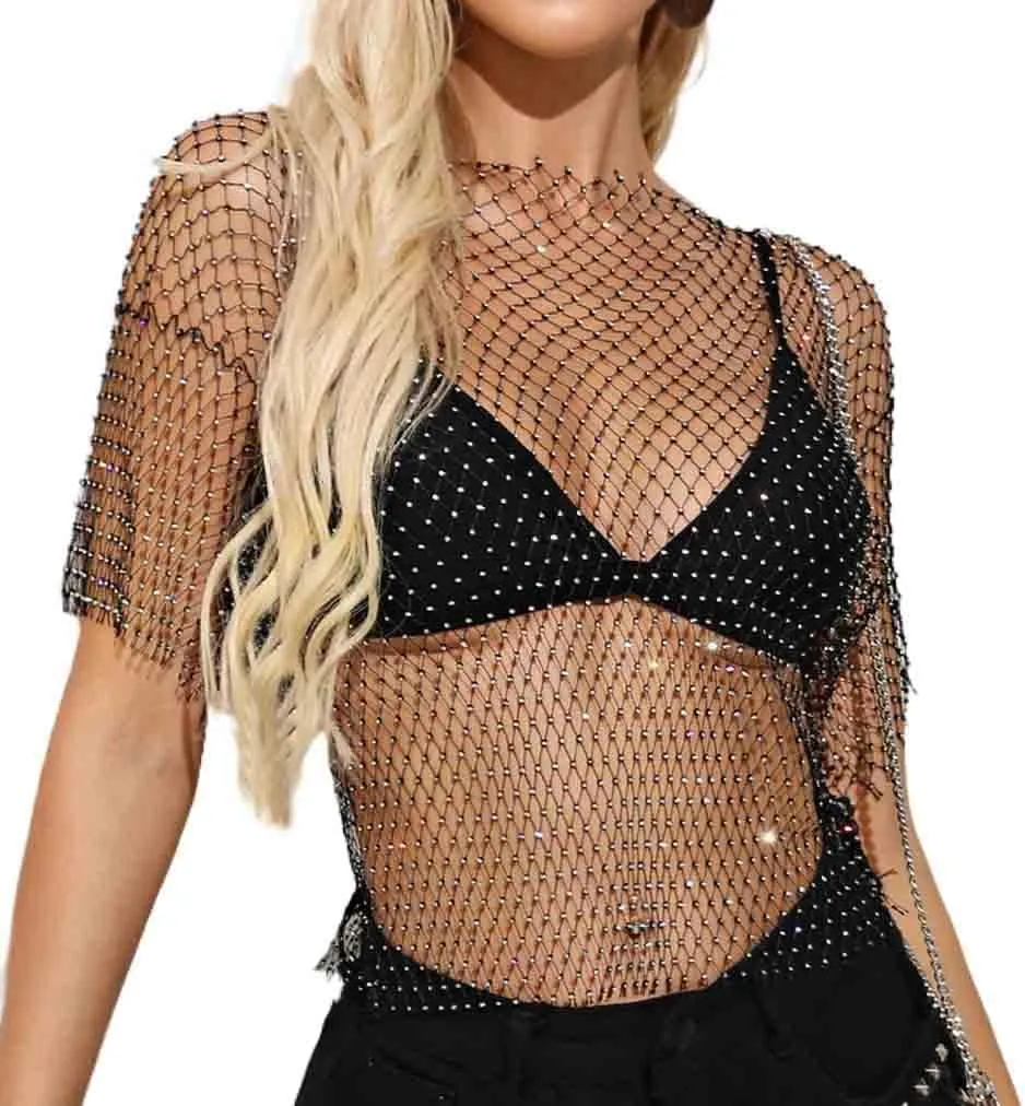 Formery Mesh Rhinestone Cover Ups Black Crewneck See Through Coverup Top Music Festival Party Cover Ups Body Chain for Women