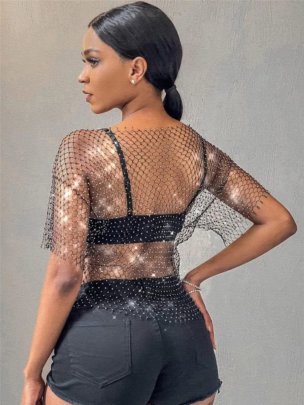 Formery Mesh Rhinestone Cover Ups Black Crewneck See Through Coverup Top Music Festival Party Cover Ups Body Chain for Women
