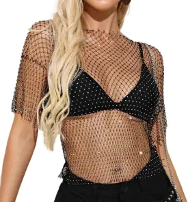 Formery Mesh Rhinestone Cover Ups Black Crewneck See Through Coverup Top Music Festival Party Cover Ups Body Chain for Women