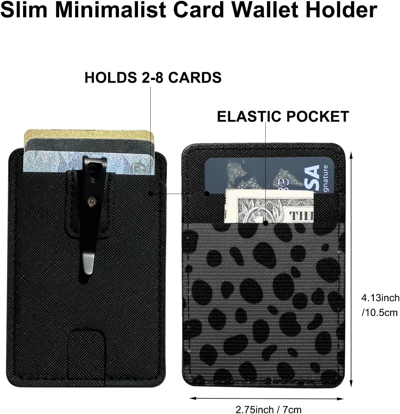 FORZEN Minimalistic Card Holder Wallet for Men and Women, Slim Elastic Vertical Credit Card Holder and Men Front Pocket Wallet with Clip (Black Point)