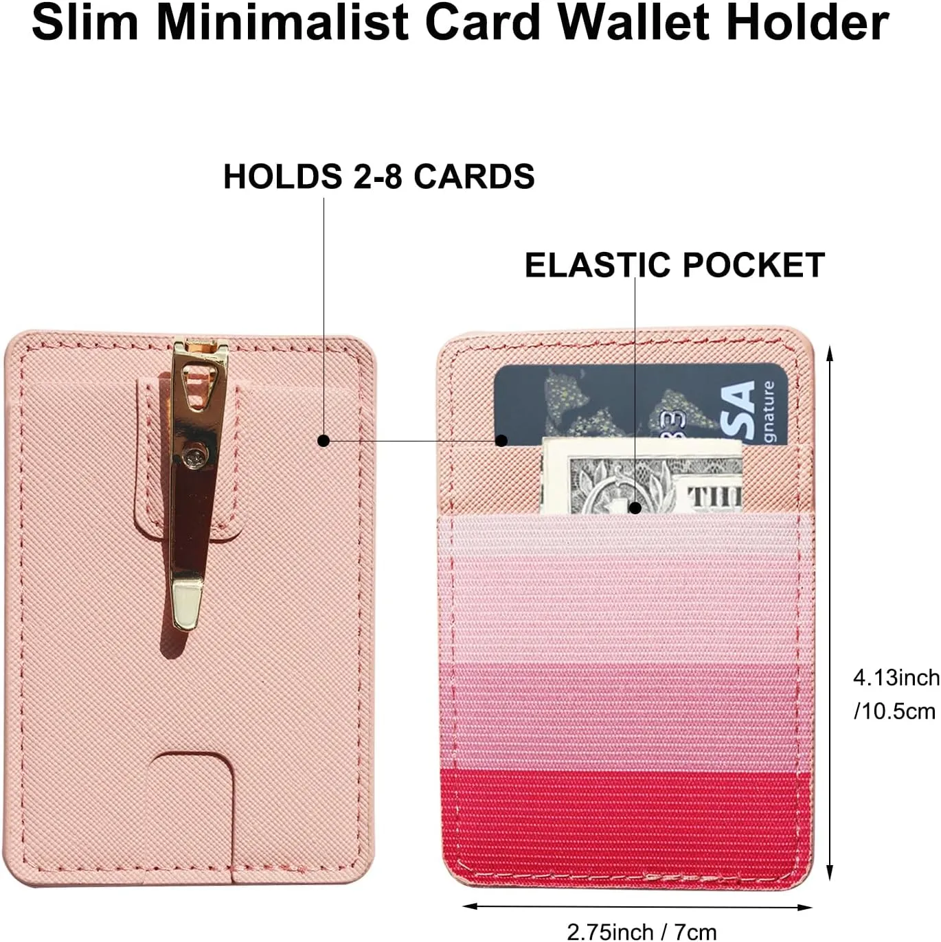 FORZEN Minimalistic Card Holder Wallet for Men and Women, Slim Elastic Vertical Credit Card Holder and Men Front Pocket Wallet with Clip (Pink Stripe)