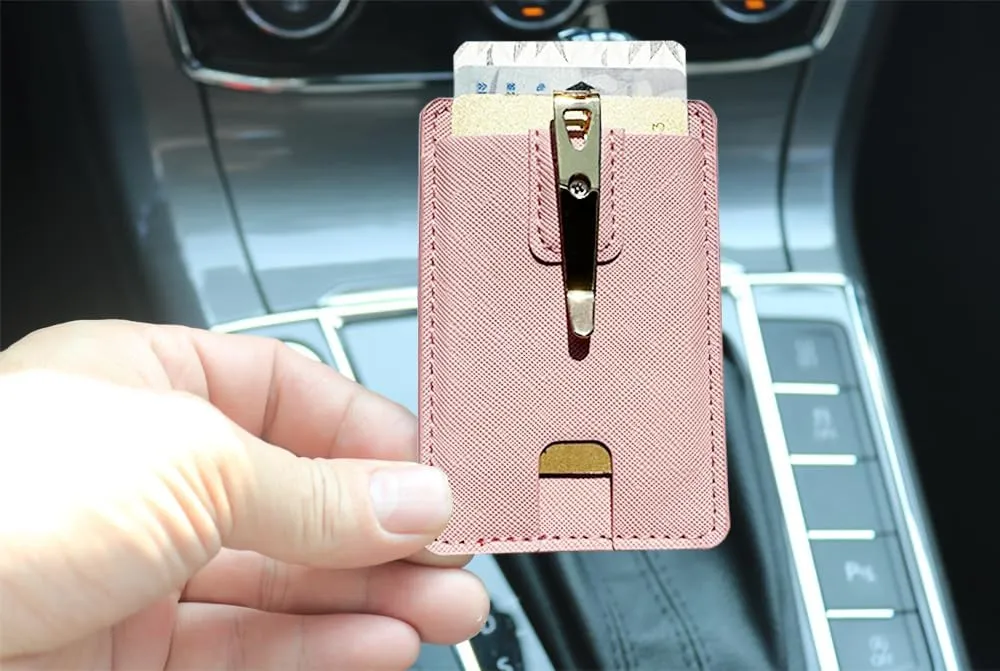 FORZEN Minimalistic Card Holder Wallet for Men and Women, Slim Elastic Vertical Credit Card Holder and Men Front Pocket Wallet with Clip (Pink Stripe)