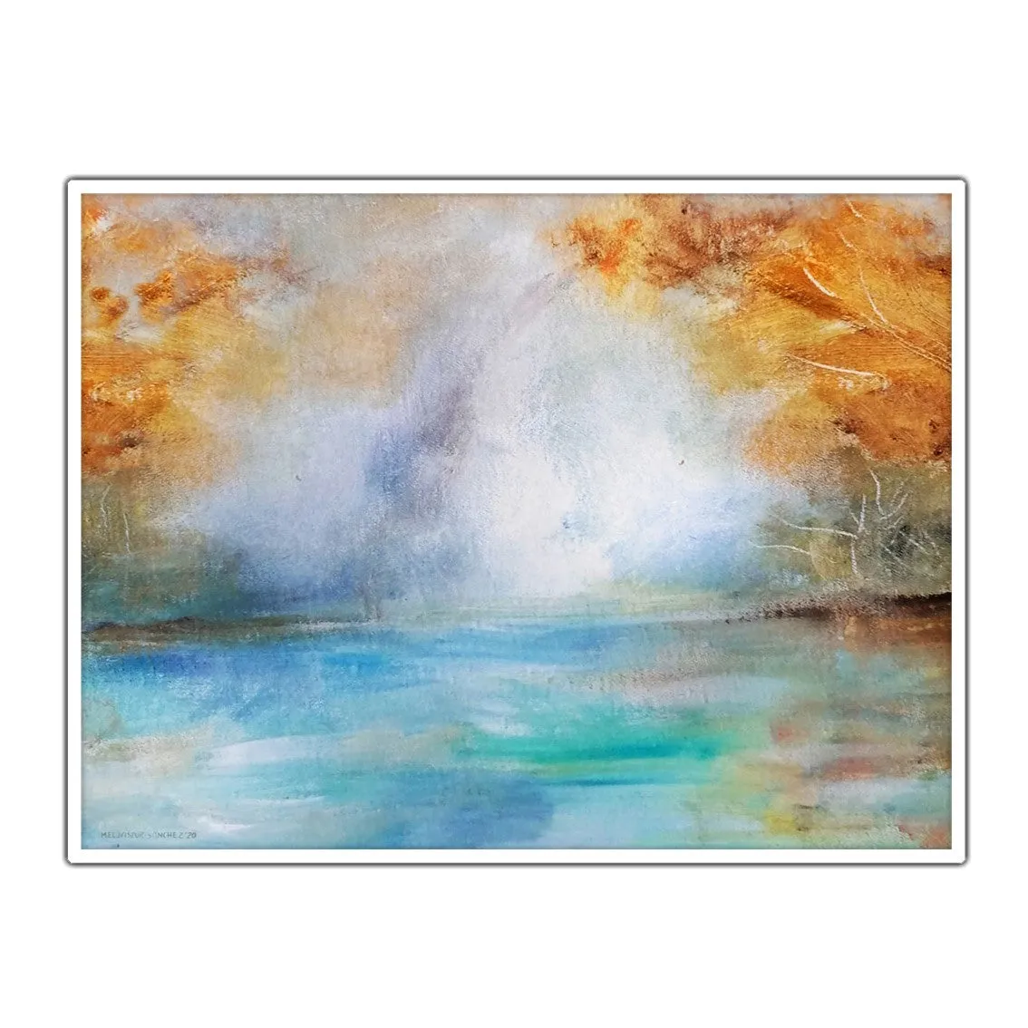 Framed horizontal blue & orange abstract landscape wall art print