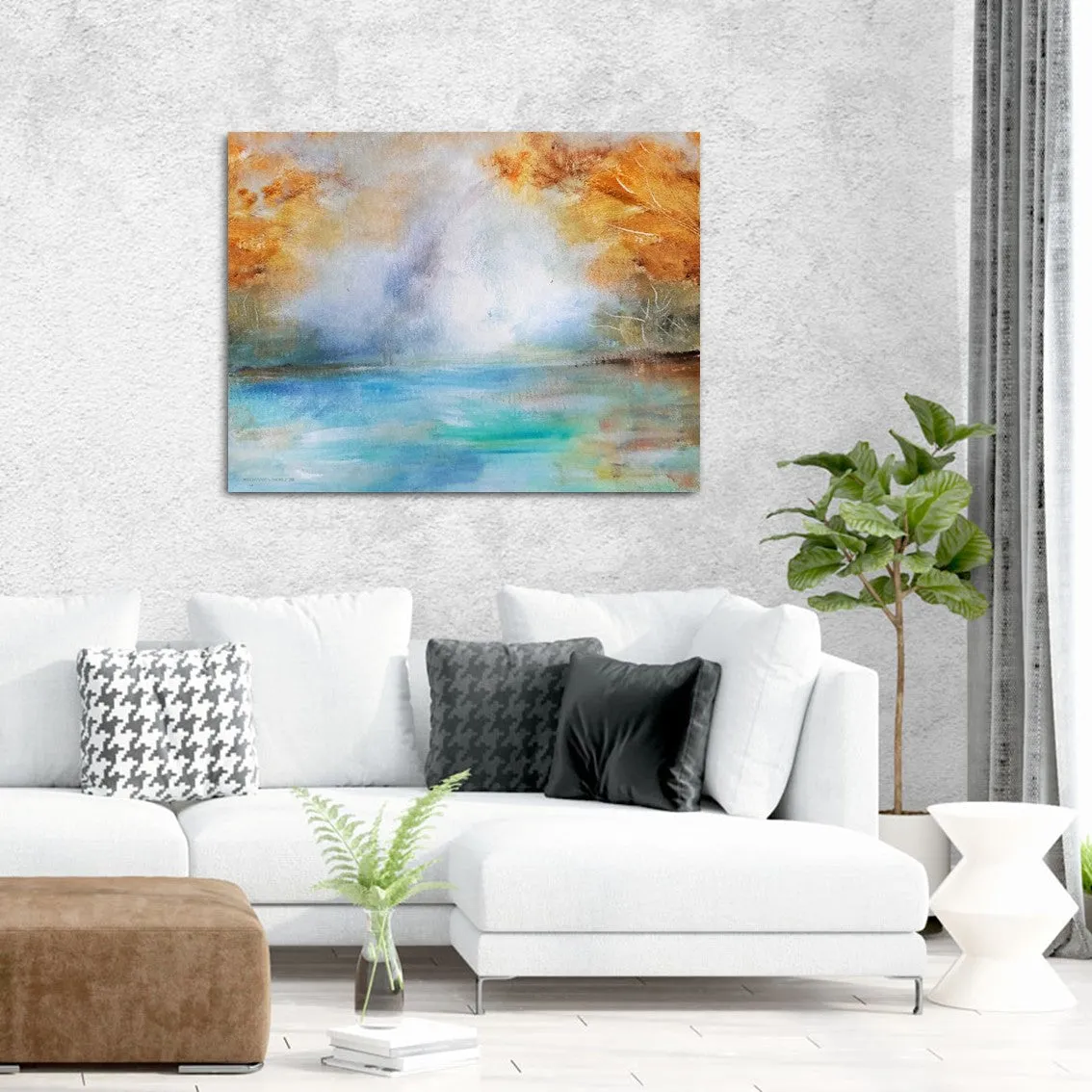 Framed horizontal blue & orange abstract landscape wall art print