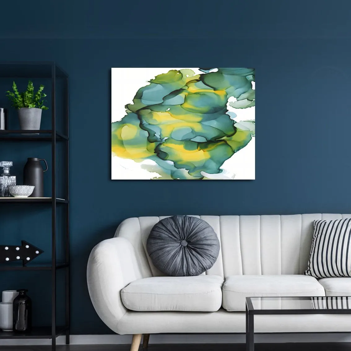 Framed horizontal olive green & yellow abstract alcohol ink art print